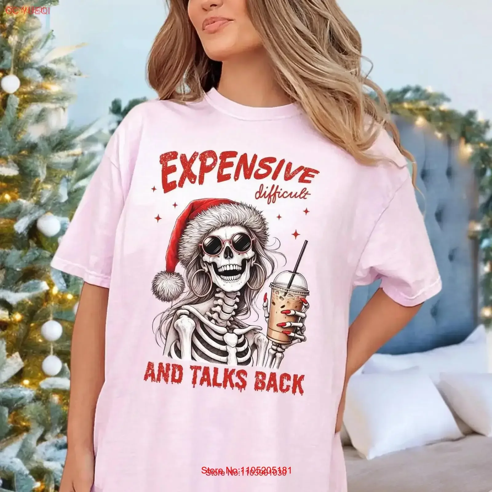 Expensive Difficult And Talks Back Funny Christmas T Shirt with Santa Hat Iced Coffee Humorous Holiday for Women Cute vintage
