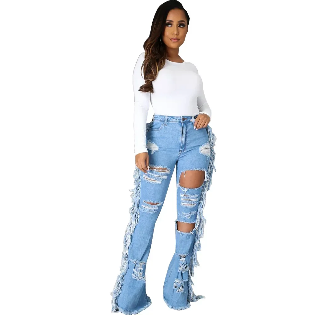 Pantaloni in denim Donna Nappe Foro Jeans Pantaloni svasati Slim Fit Streetwear Pantaloni con cerniera con bottoni solidi Splice Lady 2025 Estate