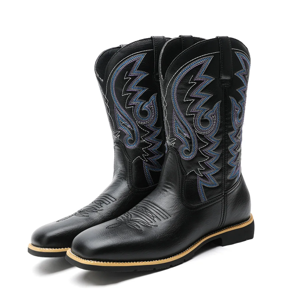 

Handmade Men Cowboy Boots Embroidery Western Shoes Pointed-toe Mid-calf Male Boots New Slip on Men Riding Boot Zapatos Hombre