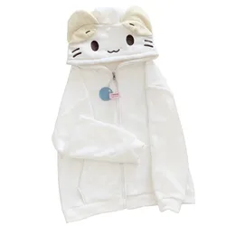 Masyumaro-Sudadera con capucha y cremallera para mujer, prenda de vestir de lana con diseño de gato Fuwa Nyanko, ropa bonita de Anime Kawaii para chica adolescente, Invierno