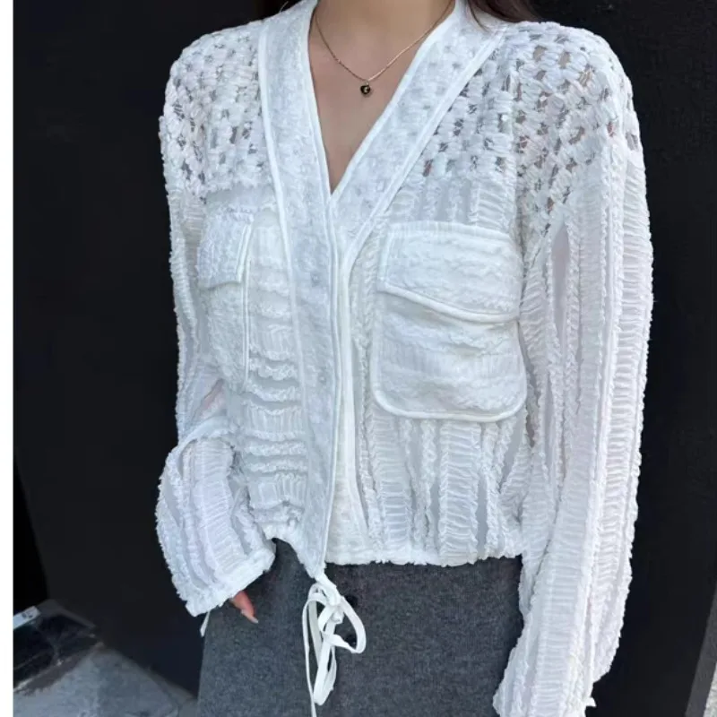Elegant V-neck Women's Shirt Spring 2026 Korean Style Double Pocket Belted Versatile Top Polyester Fiber Long Sleeve