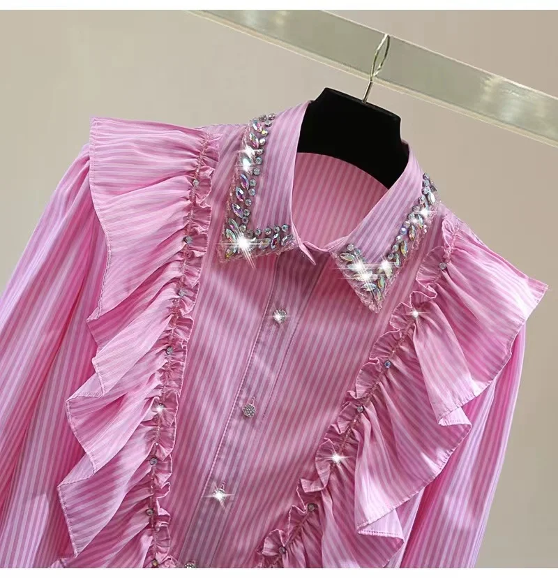 Luxury Style Diamonds Stitch Cotton Stripe Shirts For Women 2024 Autumn Single Breasted Pink Blouse Sweet Chic Top Blusas