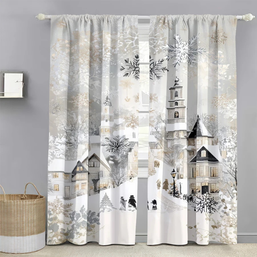 2PCS Digital Print Curtains, Silver White Snowy City Church Pedestrians Snowflakes Gold Leaves Decor, Elegant Vintage Winter Sty