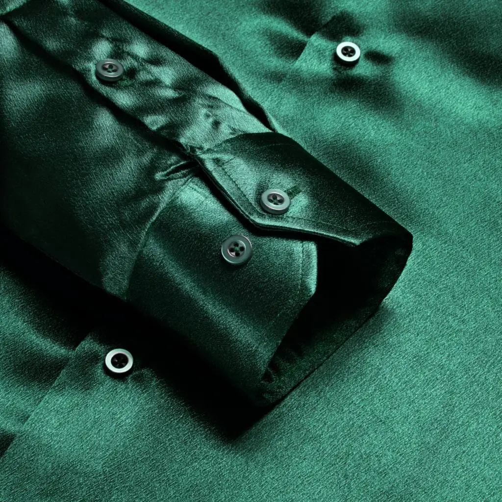 Hi-Tie Mens Big Size Green Silk Satin Shirts Lapel Collar Solid Long Sleeve Social Dress Shirt Soft High Quality Blouse for Male