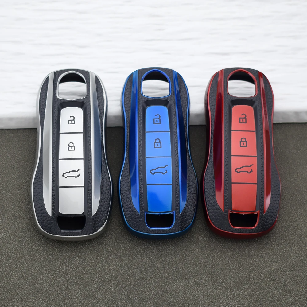 Premium Smart Remote Key Fob Cover for Porsche Cayenne Macan 911 Panamera Carrera Spyder Boxster Cayman 970 981 991 Keychain