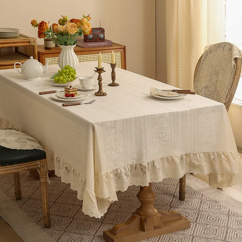 

New French White Lace Rectangle Tablecloth Vintage Ruffled Tablecloth Wedding Banquet Decoration Home Garden Party Decor