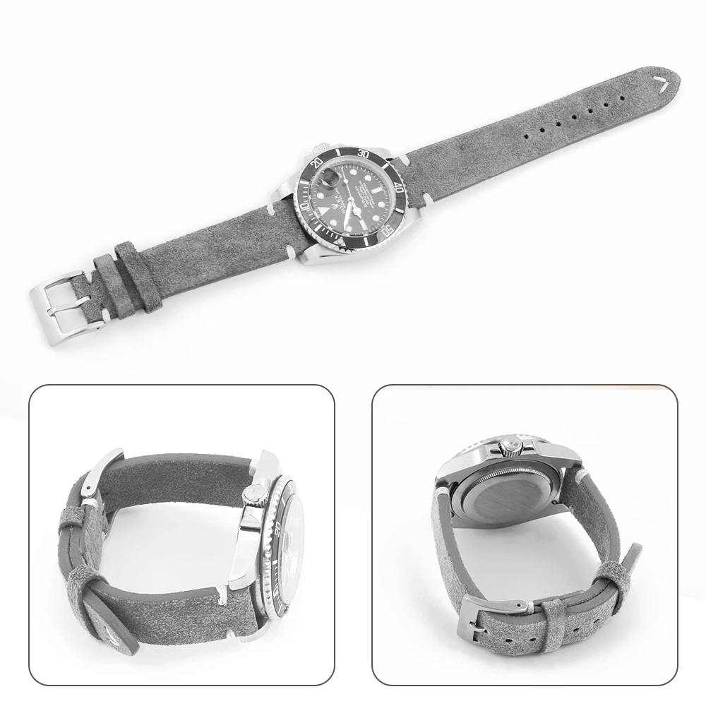 20mm New Grey Suede Leather Strap Retro Handmade Quick Release Watchband Replacement Belts For Watch Accessories