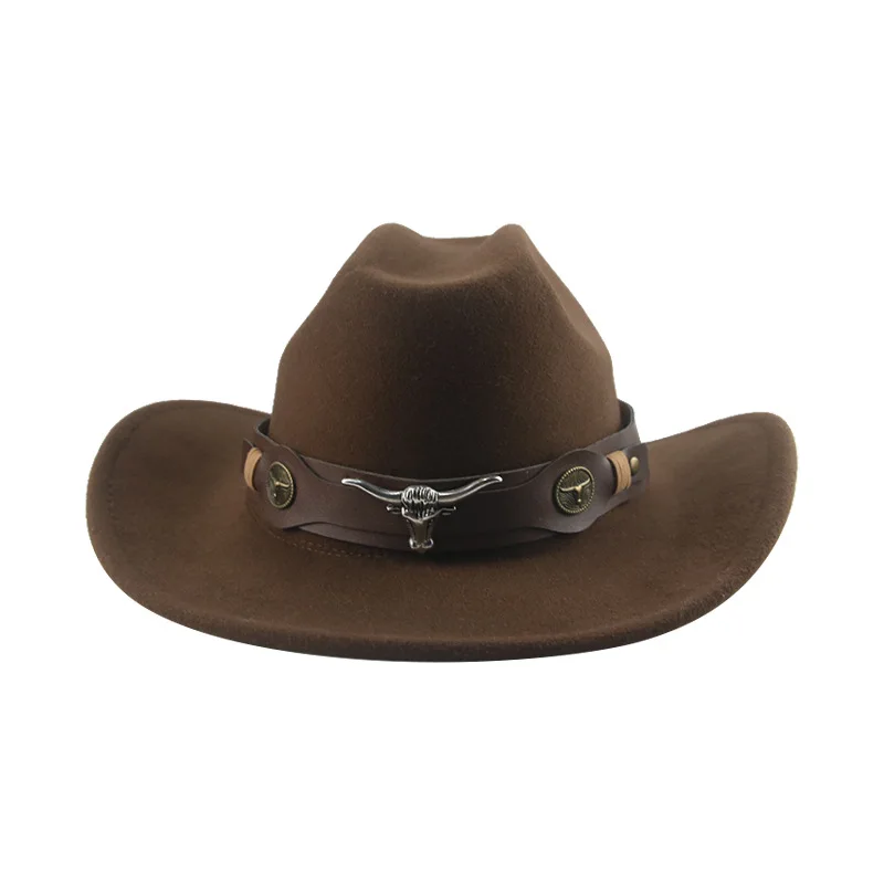 

Ox Head Western Cowboy Hat Top Hat European And American Punk Big Brim Rolled Brim Double Top Fur Felt Hat