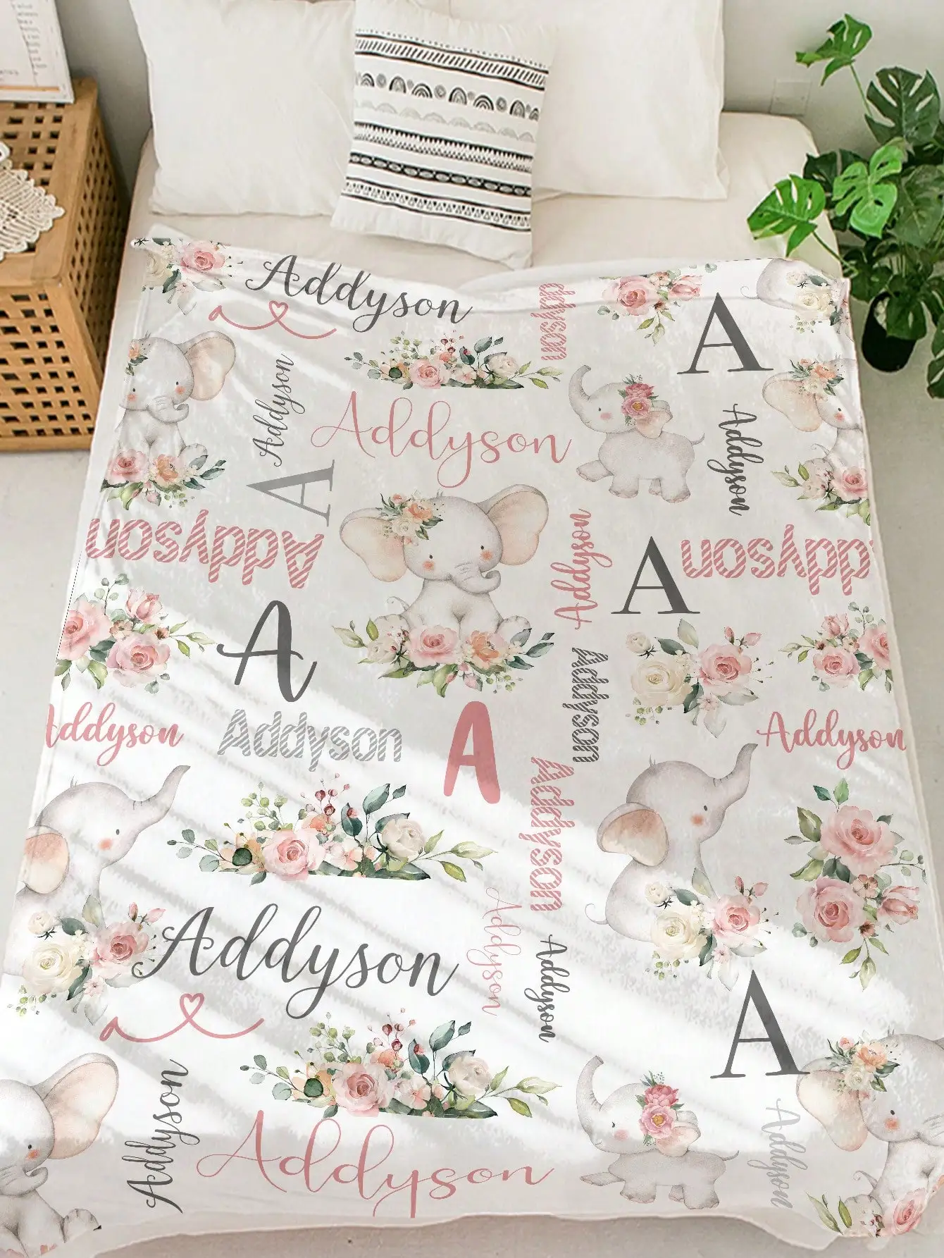 1pc Custom Name Blanket Elephant Flannel Print 5 Sizes Pink Blue Red Text Throw Gift For Couples Family Birthday New Home