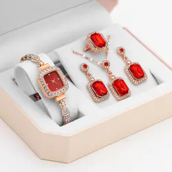 5PCS Set Luxury Square Watch Women Ring Necklace Earring Rhinestone Fashion Watch Casual Ladies Bracelet Watches Montre Femme