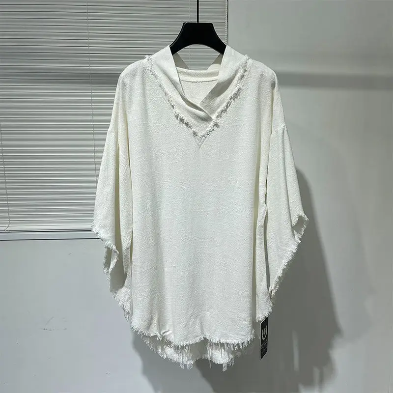 Autumn Men V Neck Batwing Sleeve T Shirt Fashion Chic Personality Irregular Deckle Edge 2xl Oversized Clothes Dark Black Cosplay