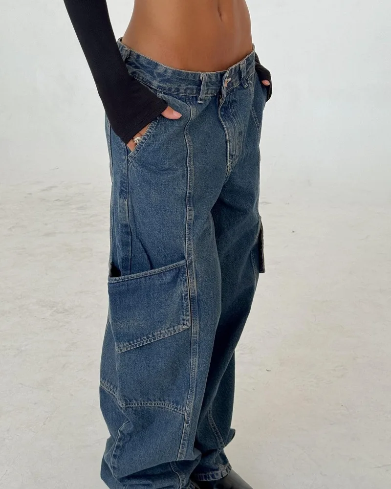 Y2K Street Vintage New Fashion Oversized Pocket Blue Baggy Jeans Women Harajuku Hip Hop Popular Casual High Waist Wide Leg Pants