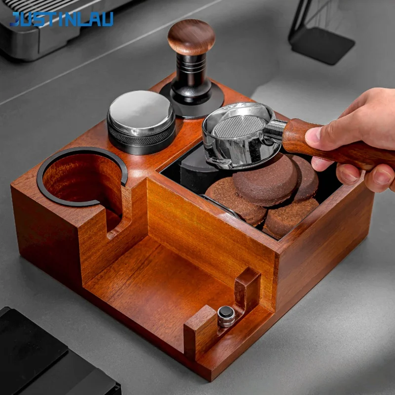 

JUSTINLAU Universal Coffee Tamper Station Stand with Detachable Knock Box＆Portafilter Holder＆Puck Screen Wooden Barista Tools