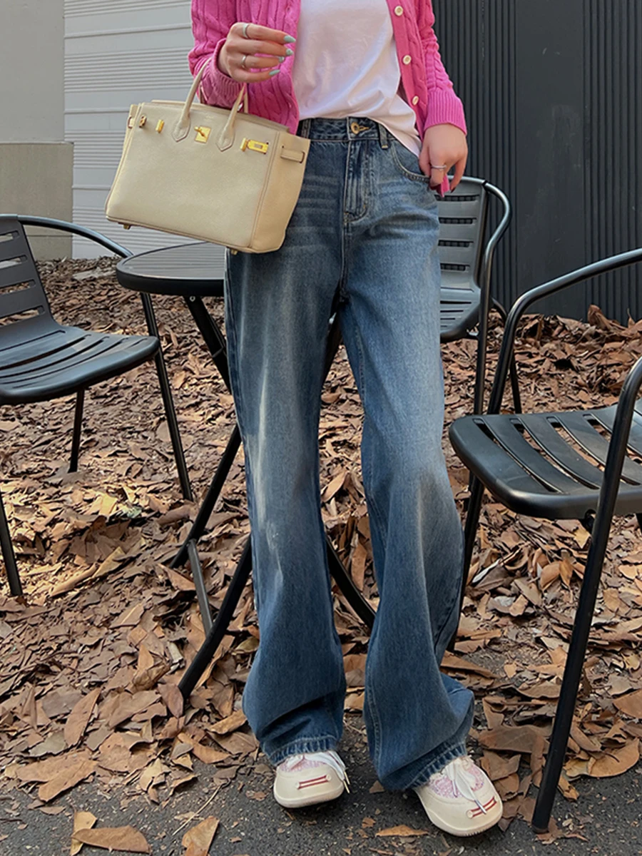 

Синие джинсы женские свободного кроя, прямые, стройнящие, длинные брюки, осенние универсальные широкие брюки, модные