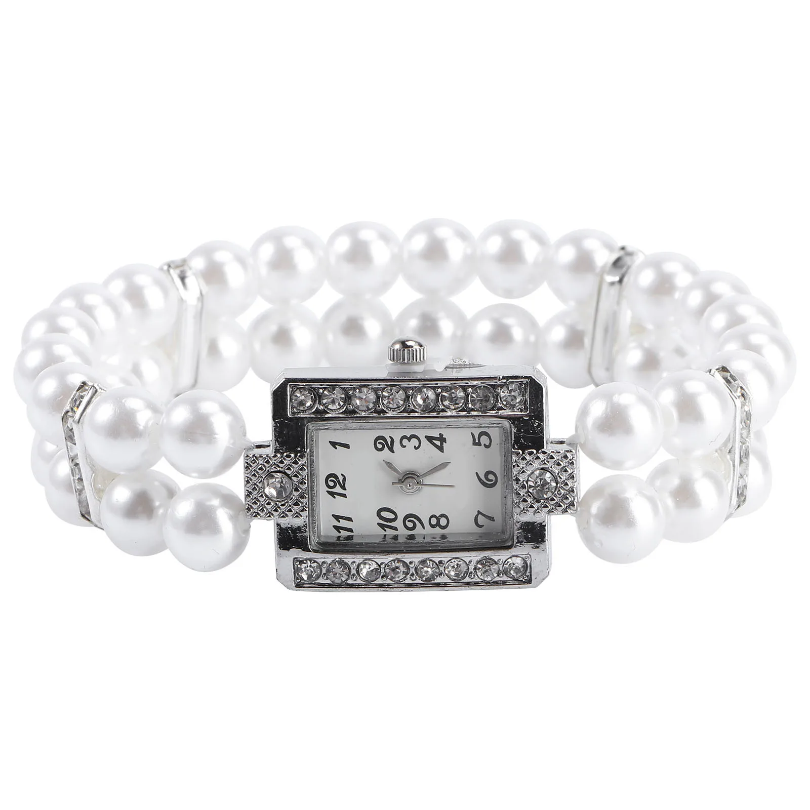 المرأة الأبيض اللؤلؤ حجر الراين سوار ساعة الفولاذ المقاوم للصدأ حركة الكوارتز مجوهرات أنيقة ساعة يد لؤلؤة #2