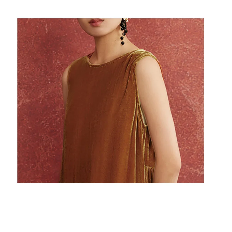 Fengbaoyu Robe femme en velours de soie naturelle - Robe longue rétro sans manches - Vêtements amples et confortables de grande taille