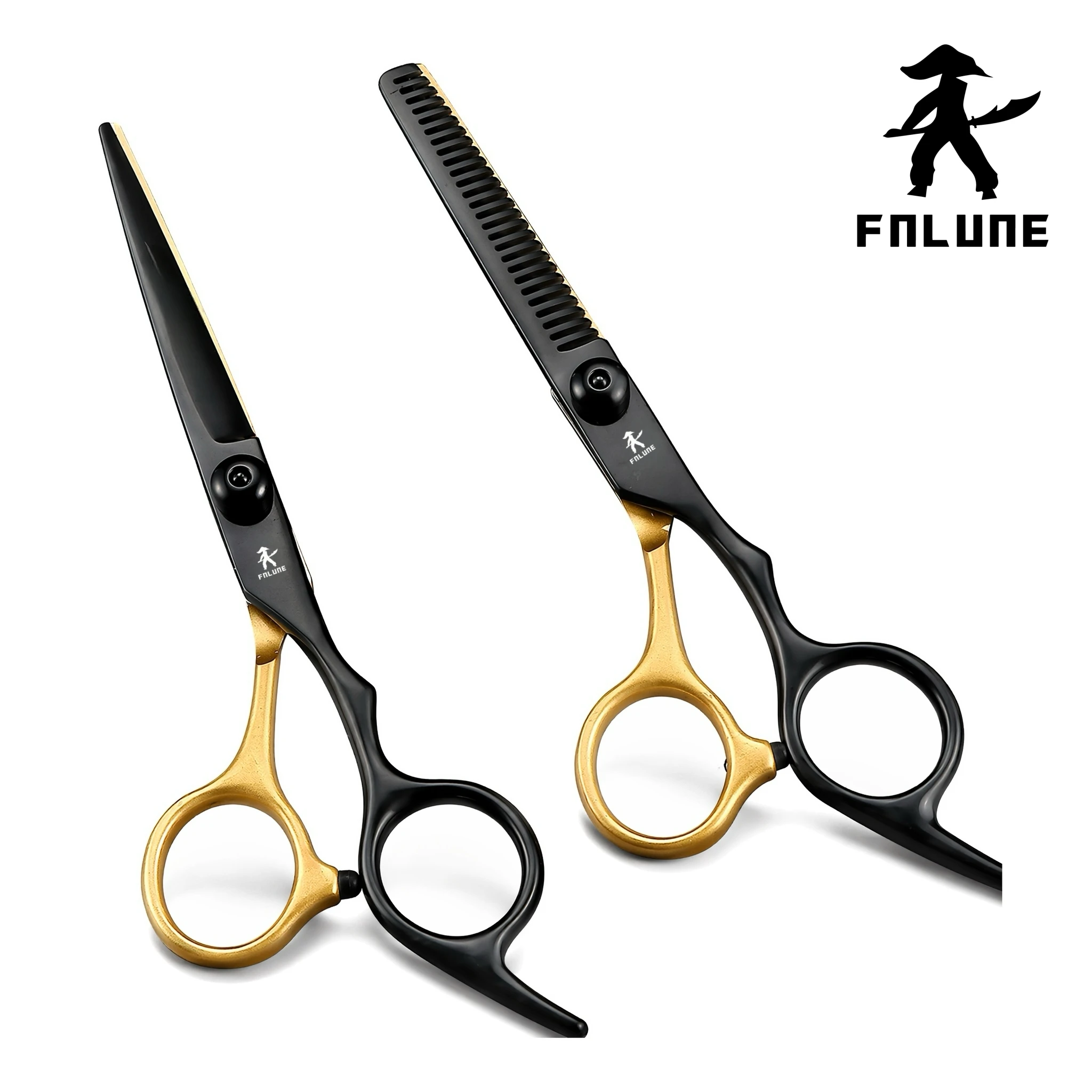 FnLune 6.0 Inch Black Gold Professional Hair Scissors High Screw Barber Cutting Thinning Shears for Hairdressing & Bangs Styling