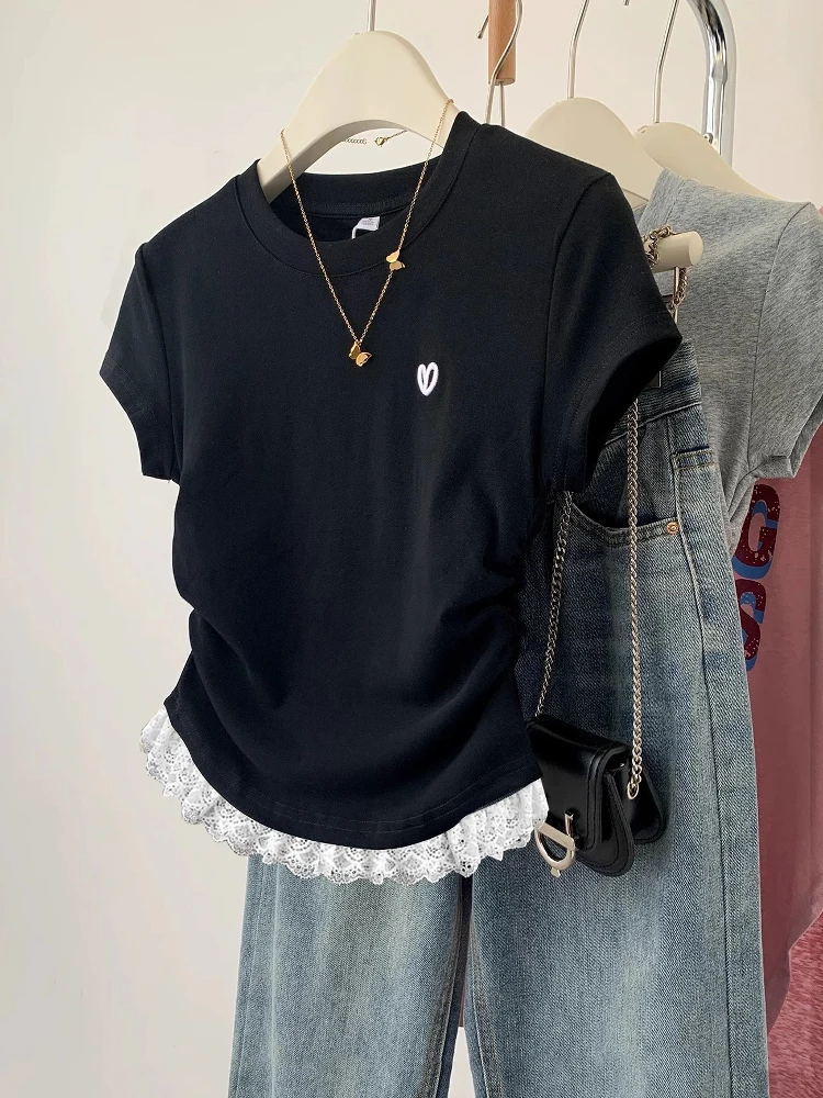 

Black Lace Trim Short Sleeve Slim Fit Short T-Shirt Women's Summer Sweet Cool Style Top Korean Version Cotton round Neck