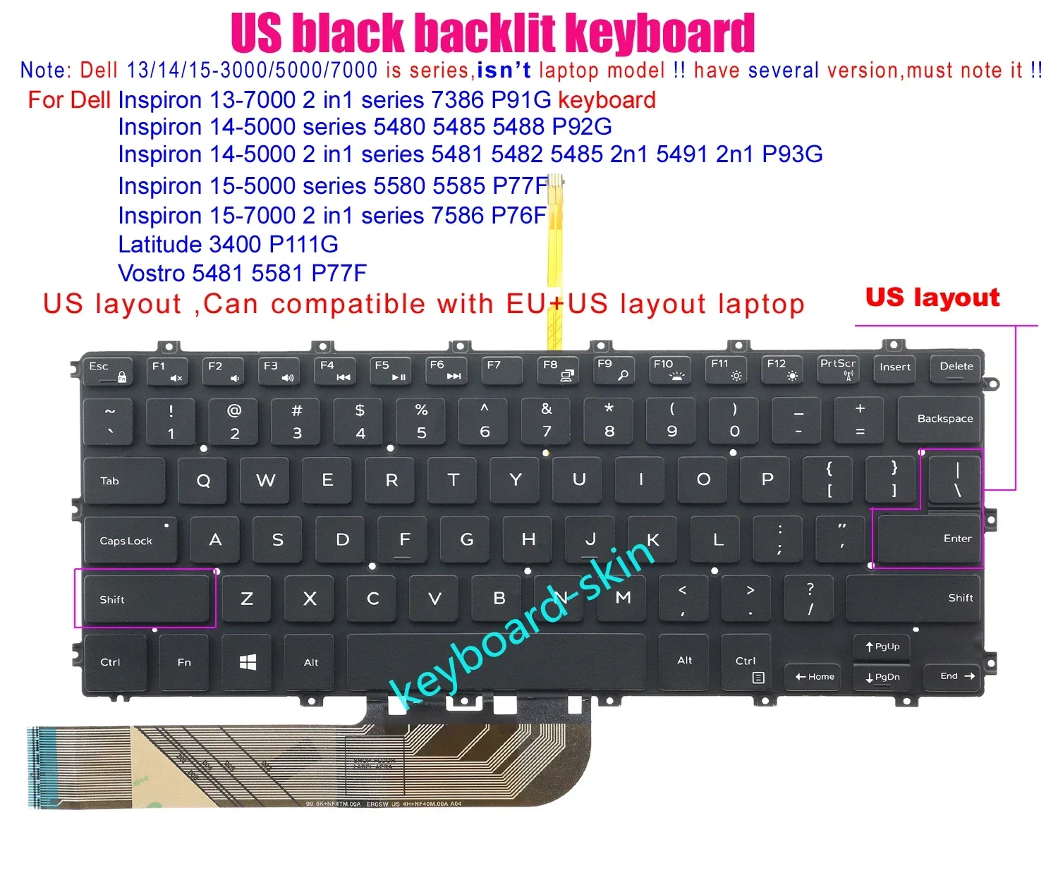 Nuevo Teclado Retroiluminado sin Marco para Dell Inspiron 15-7000 2 en 1 Serie 7586 P76F Latitude 3400 P111G Vostro 5481 5581 P77F
