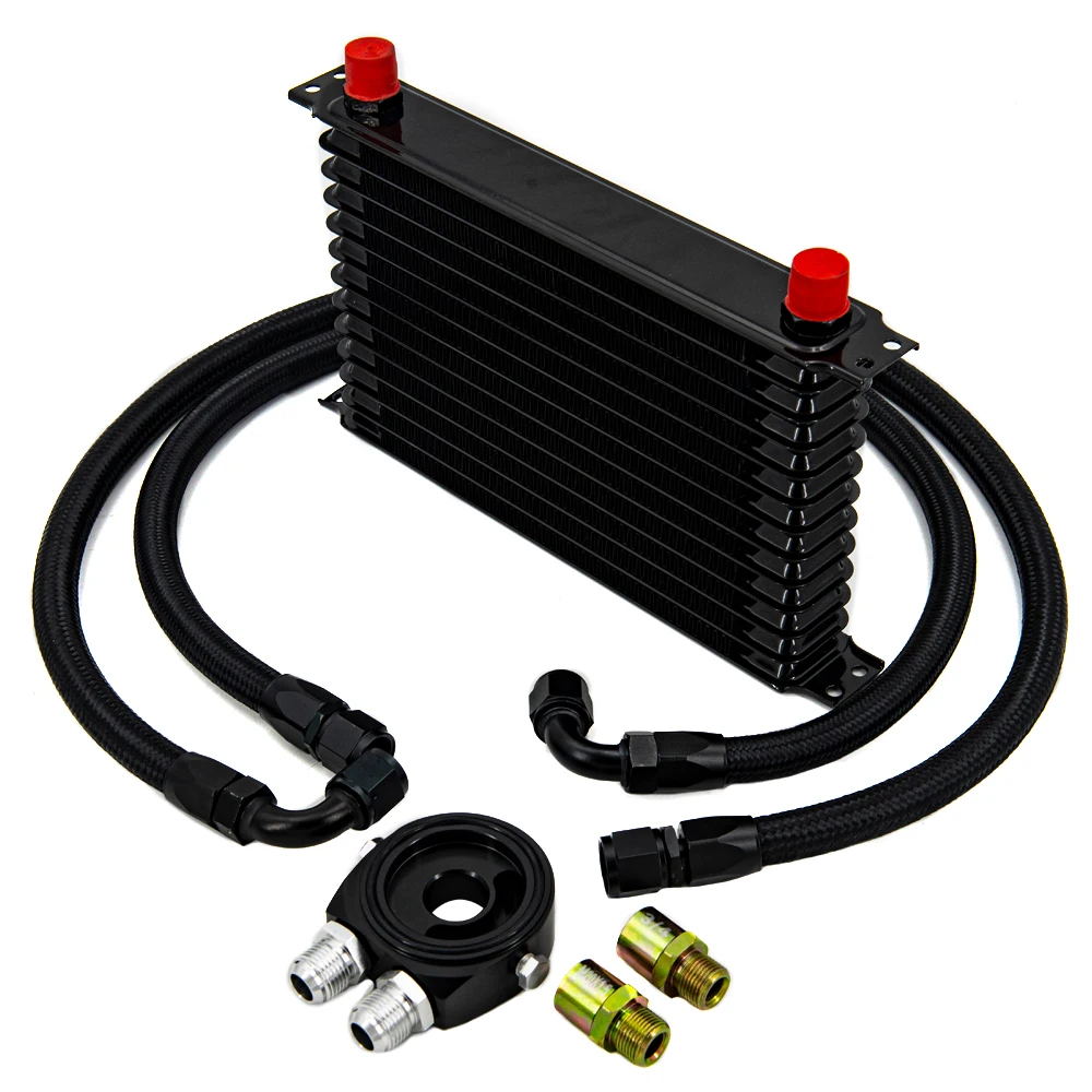 13 Rows Oil Cooler Kit AN10 Transmission Oil Cooler Kit Oil Filter Adapter With Nylon Stainless Steel Braided Hose