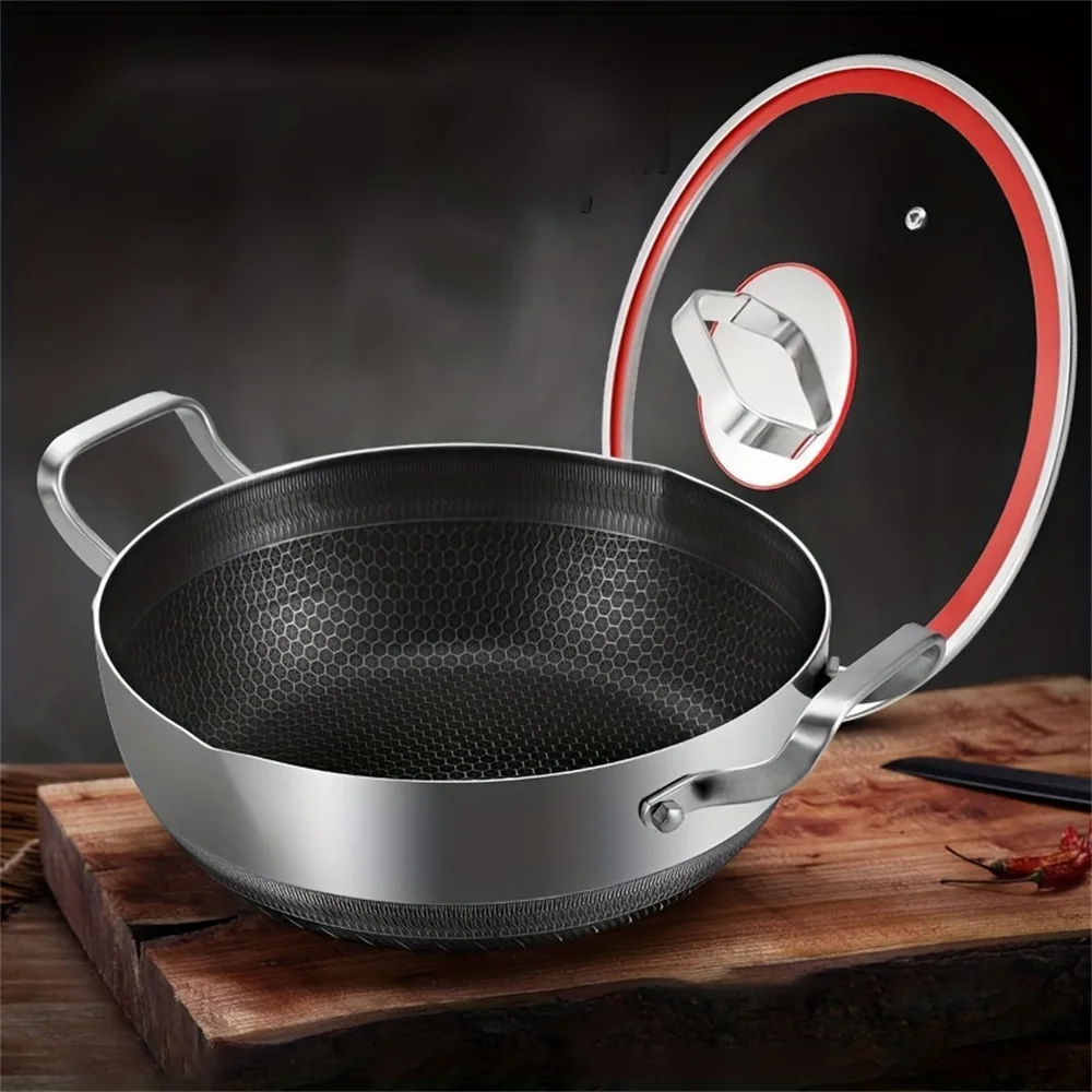 

Double-handle honeycomb stainless steel non-stick frying and cooking pot with red-ring glass lid, multifunctional for frying