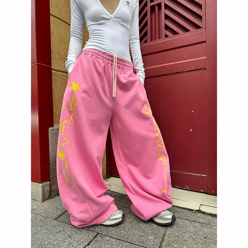 ZHIZOU Women Pink Goth Letter Print Sweatpants Baggy Pants Harajuku Dance Pants Japanese 90s Style Y2k Vintage Oversize Trousers