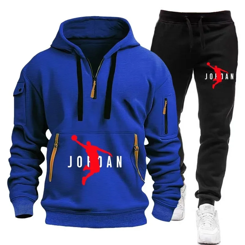 men's tracksuit zipper hood multi-pocket and protective pants casual jogging tracksuit fall/winter 2-piece setLarge size S-3XL