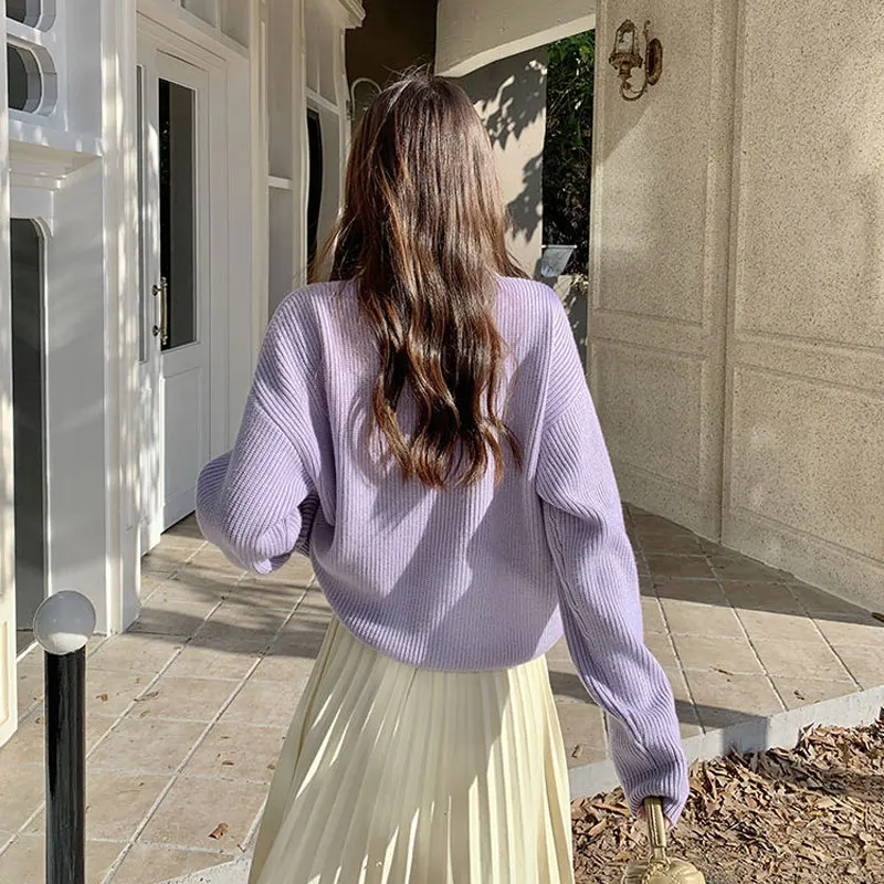 Gentle Purple Turn-down Collar Cardigan Women's Clothing Casual Loose Spring Autumn Spliced Korean Long Sleeve Knitted Sweaters