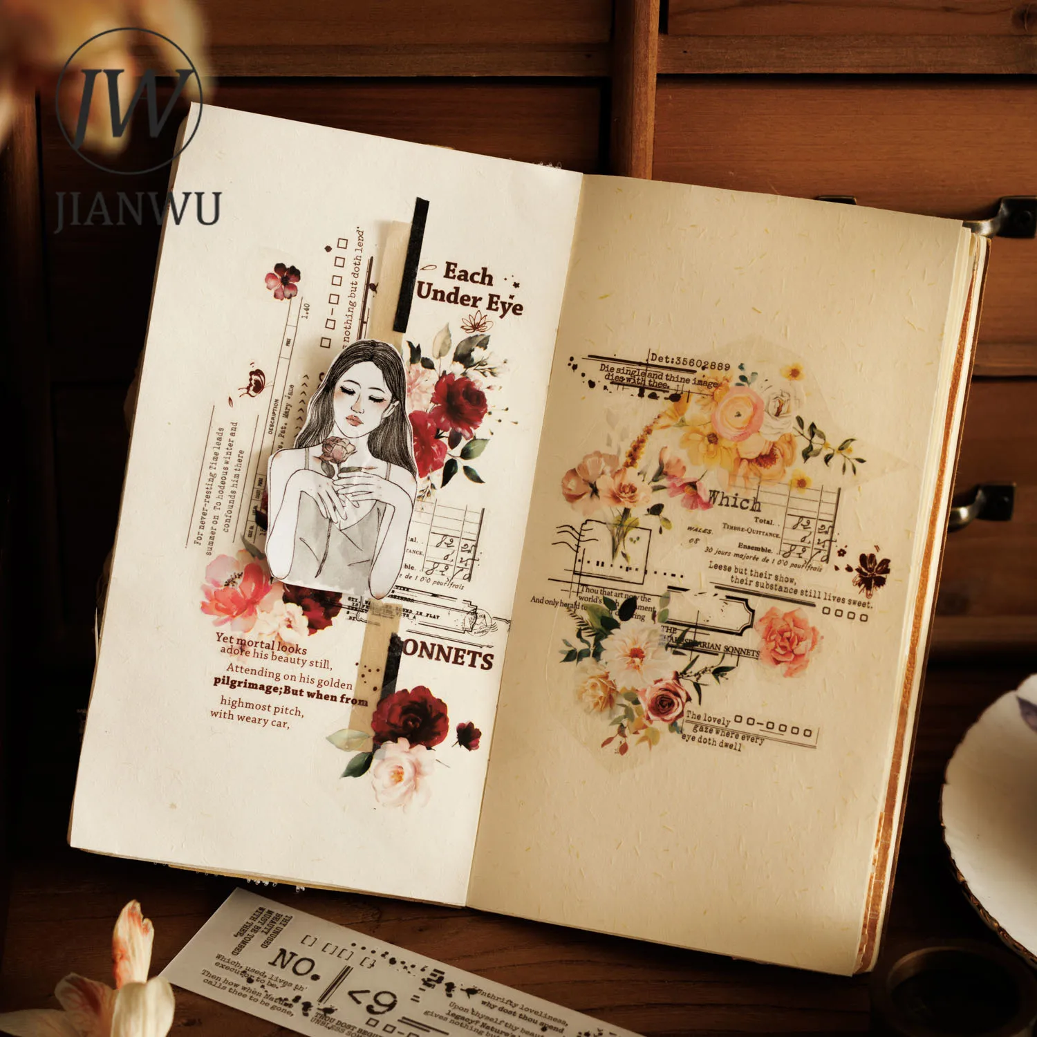 JIANWU 5 Sheets A Connet Series Vintage English Text Material Decor PVC Transfer Sticker Creative DIY Journal Collage Stationery