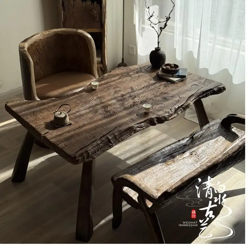 

Qingquan ancient art, outdoor solid wood tea table, wabi-sabi wind medieval tea table, homestay designer dead wood table
