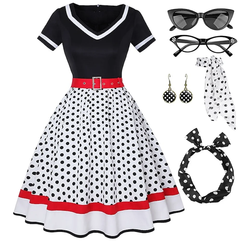 Women's Rockabilly Dress Polka Dots Swing Flare Dress with Accessories Set Earrings Headband Glasses Dress