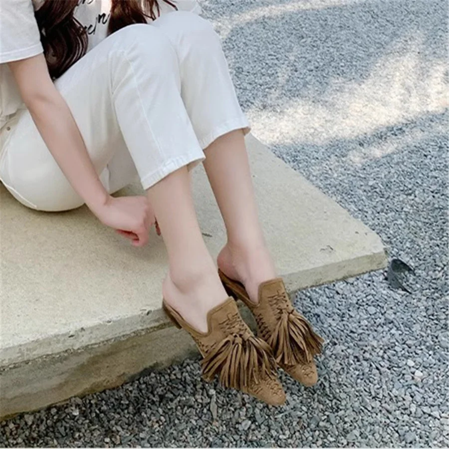 Suede Slippers Women Fringed Flat Mules Hollow Out Tassels Ladies Beach Shoes Handmade Luxury Gladiator Sandals Summer 2024