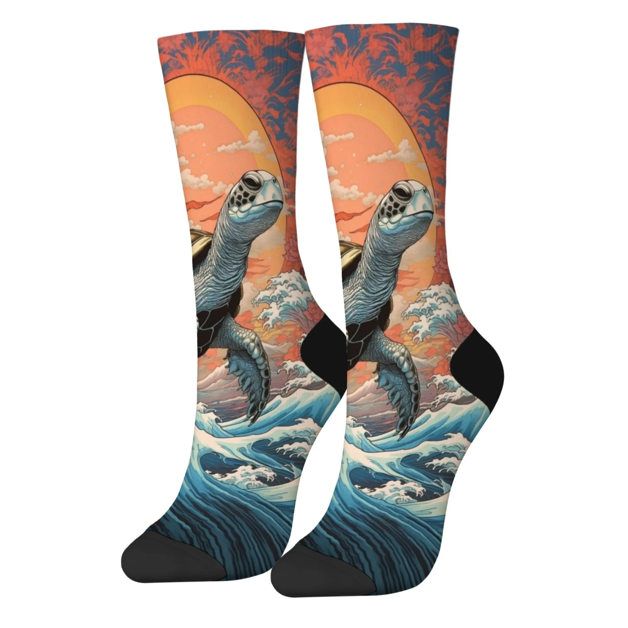 Ocean Turtle Print Men's Socks Novelty Harajuku Retro Funny Street Hip Hop Crew Socks Comfortable Breathable Socks Party Gift