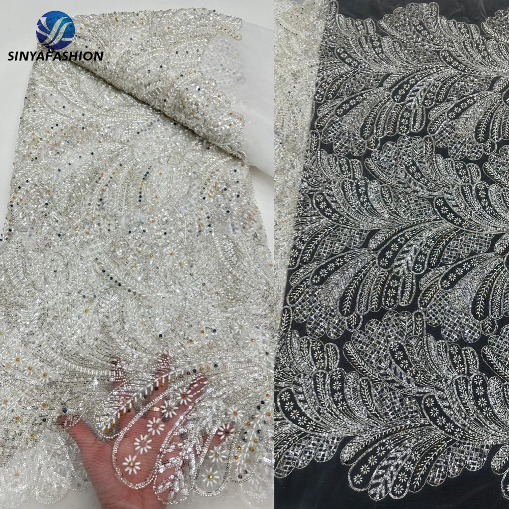 Sinya 2024 paillettes nigeriane pizzo pesante tessuto di pizzo con perline a mano di lusso ricamo francese perline di diamanti di cristallo abito da sposa in pizzo