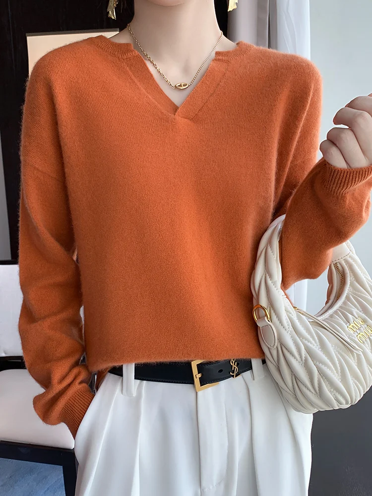 High Quality Women's V-neck Wool Sweater Autumn Winter Warm Cashmere Pullover 100% Merino Wool Knitwear Korean Popular Clothes