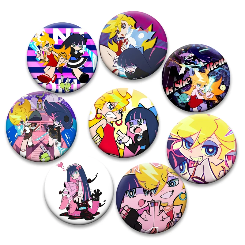 Cute Anime Girl Badge Panty Stocking with Garterbelt Stocking Panty Lapel Pins Round Tinplate Brooches Backpack Accessorie Gifts