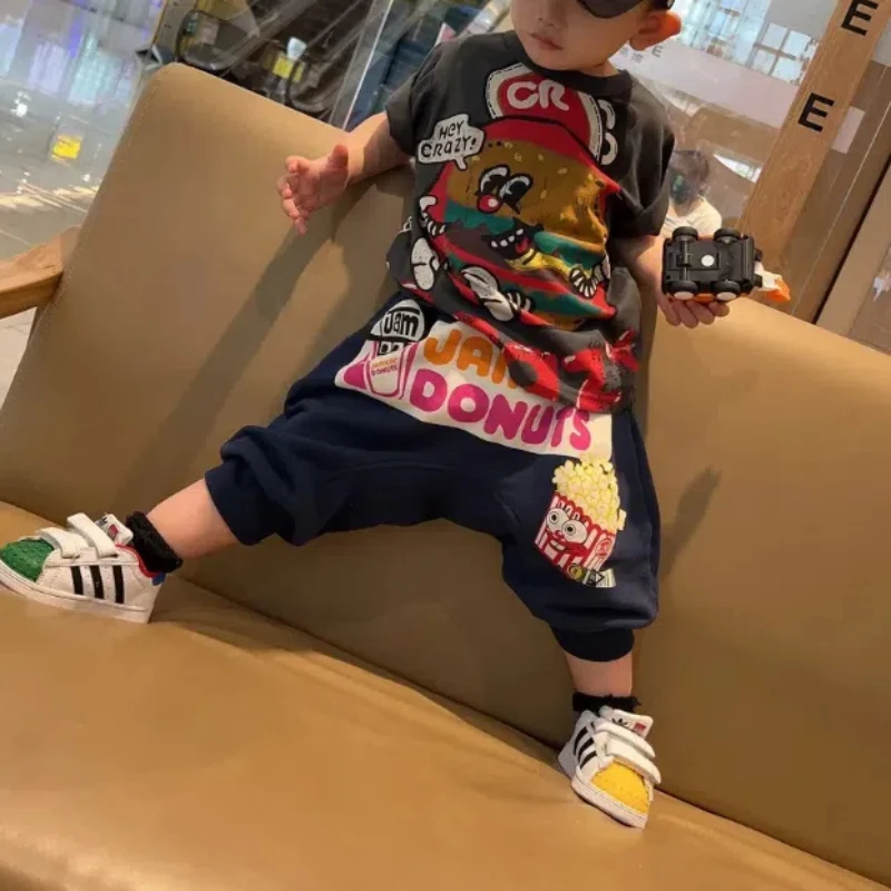 

Japanese Trendy Summer Boys 2024 New Patchwork Elasticized High-waisted Pocket Cartoon Printed Baby Loose Casual Harem Pants