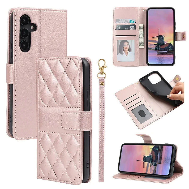 Checkered Leather Phone Case For Samsung Galaxy A55 A54 A53 A52 A35 A34 A25 A24 A23 A14 A15 A12 A16 A06 Card Slot Wallet Cover
