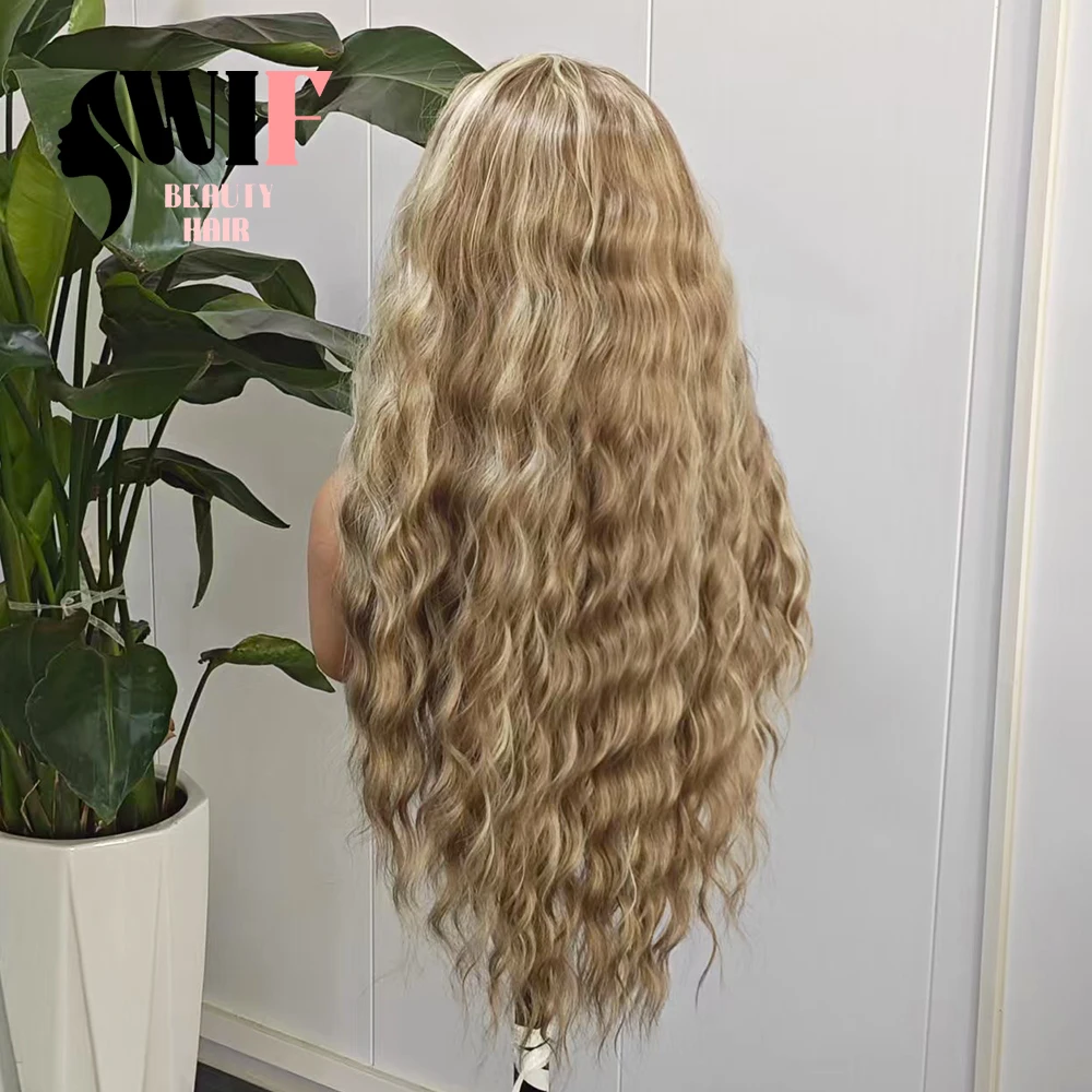 WIF تسليط الضوء على شعر مستعار اصطناعي بني خط شعر طبيعي فضفاض موجة الدانتيل الجبهة الباروكات مزيج الشعر البني ألياف الحرارة ماكياج الاستخدام اليومي للنساء #4