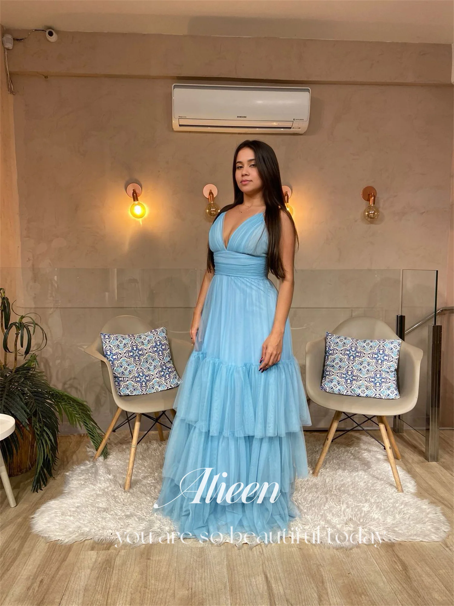 Aileen Multi-layer Light Blue Backless V-neck Wedding Dress Women Elegant Party Brand Dresses for Formal Occasions Prom Gown