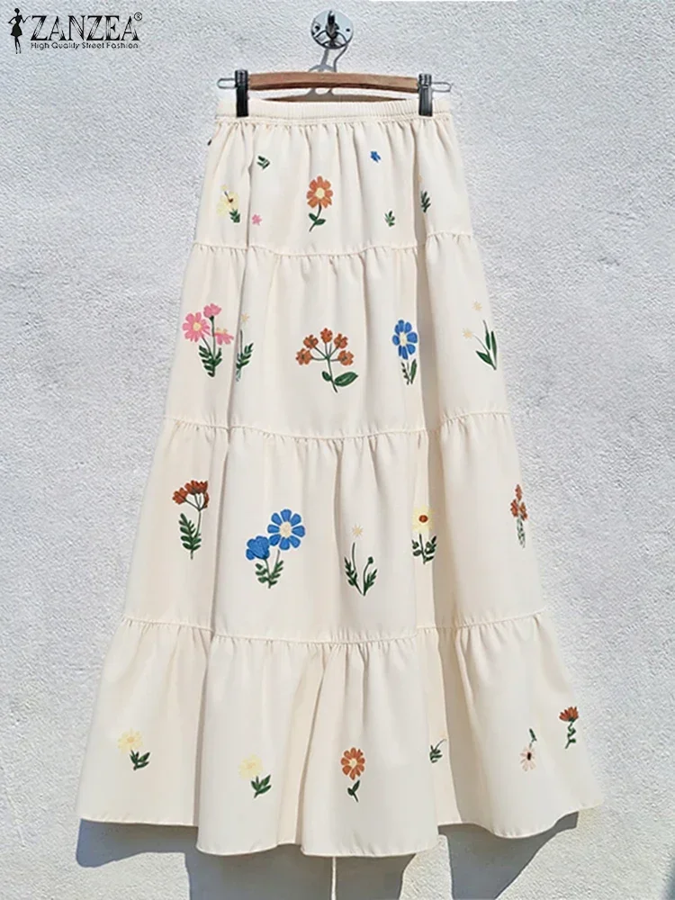 

ZANZEA Bohemian Autumn Maxi Skirts 2025 Women Elastic Waist Jupes Faldas Saia High Waist Pleated Printing Long Bottoms Casual