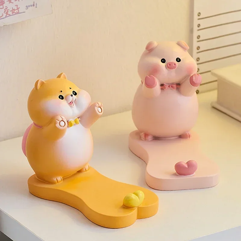 Pink Butt Pig & Dog Phone Holder Lovely Table Decorations Creative Figurines Office Bedroom Ornament Home Decoration Accessories