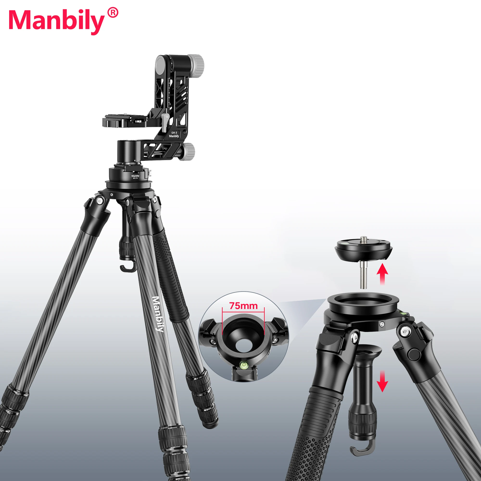 

Manbily MT-364 36mm Tube Professional Carbon Fiber Bowl Heavy Duty Tripod Bird watching Max.Load 20kg/44 lbs for DSLR Camera
