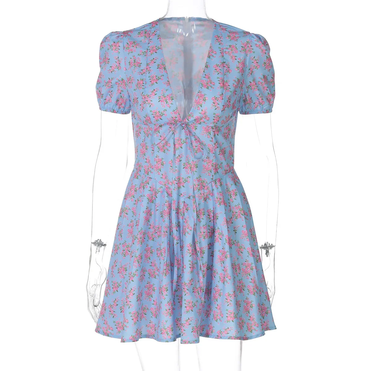 2025 الأزهار طباعة الخامس الرقبة قصيرة الأكمام الدانتيل يصل زمم مثير سليم مطوي فستان قصير الصيف ملابس أنيقة حفلة عطلة #6