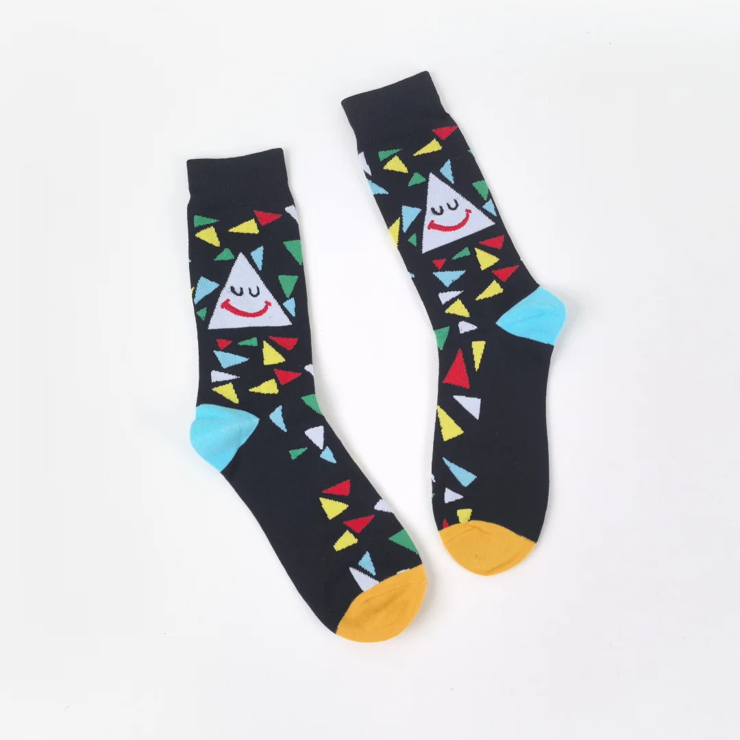【1 Pair】Geometric Colour-Block Smiley Socks, Street Style Essentials, Suitable for All Seasons