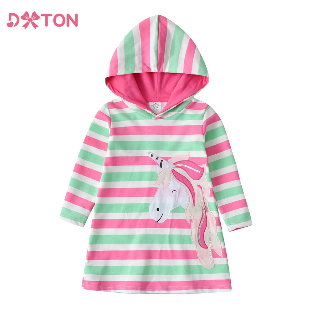 

DXTON Hooded Girls Dresses For Girls Unicorn Applique Kids Cotton Dresses Striped Hoodies Children Casual Dress Costumes 3-12Yrs