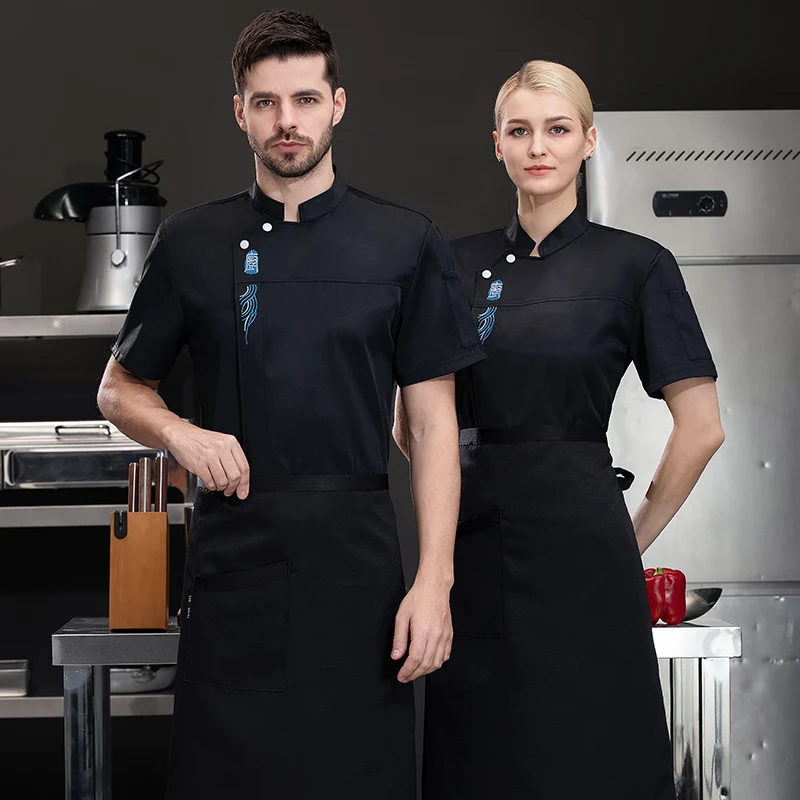 Uniforme de chef à manches courtes pour hommes et femmes, chemise de chef respirante blanche, veste de chef de restaurant, tablier de cuisine noir, vêtements de travail, logo féminin