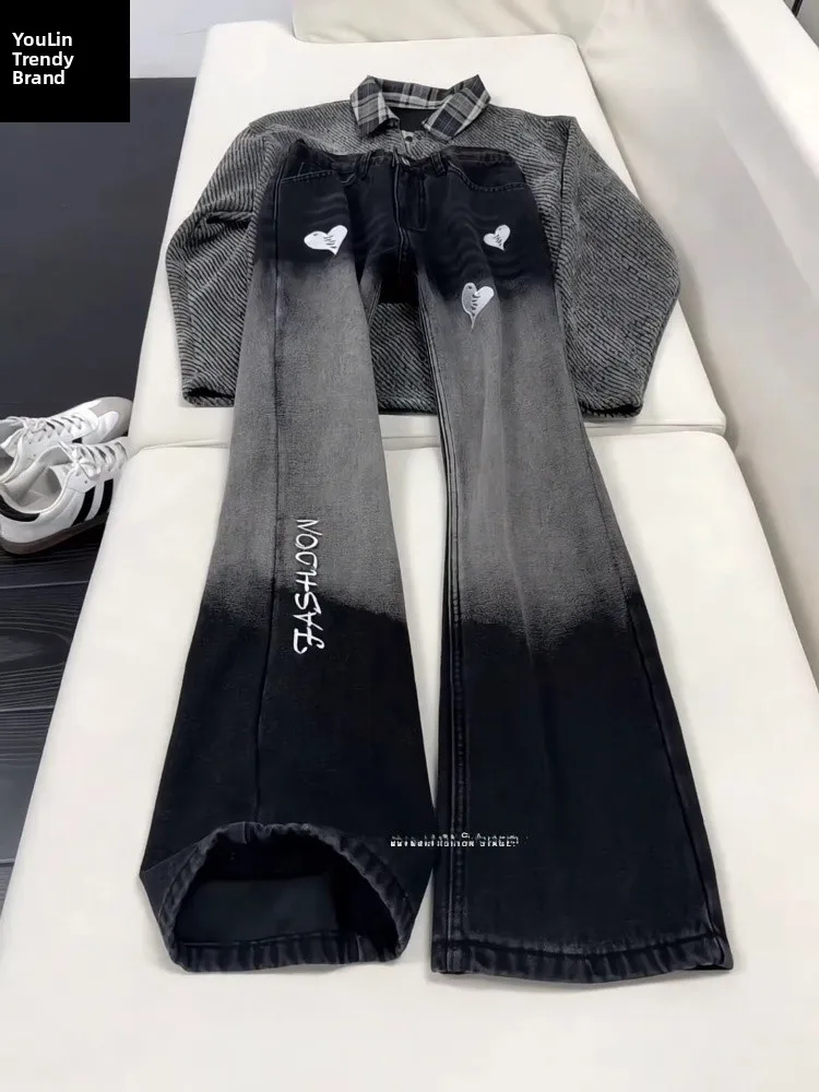 

Мужские джинсы с вышивкой и подкладкой, высокая талия, американский стиль, двухцветные, прямые штанины, износостойкие, повседневные