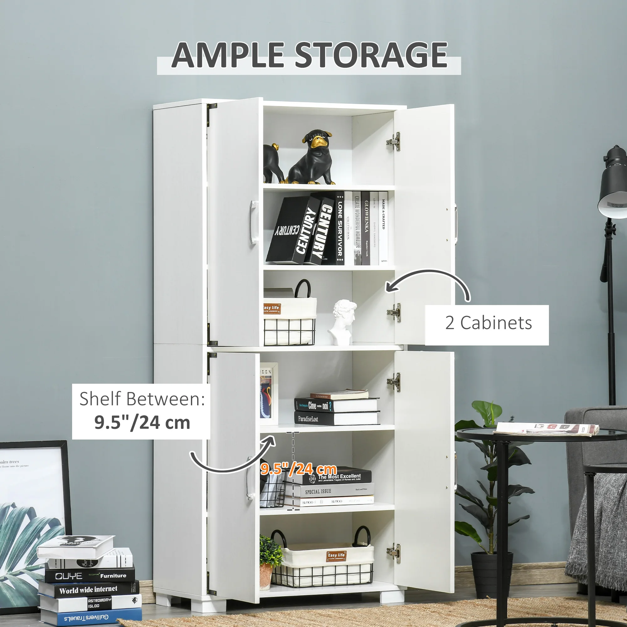 Industrial Style 4-Door Pantry Cabinet Organizer W/ Storage Shelves, White