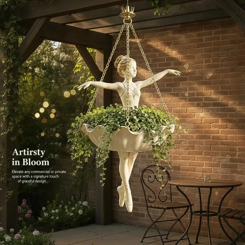 New Resin Ballet Dancer Hanging Planter Elegant Ballerina Figure Hand Carved Fairy Flower Pot Whimsical UV Resistant